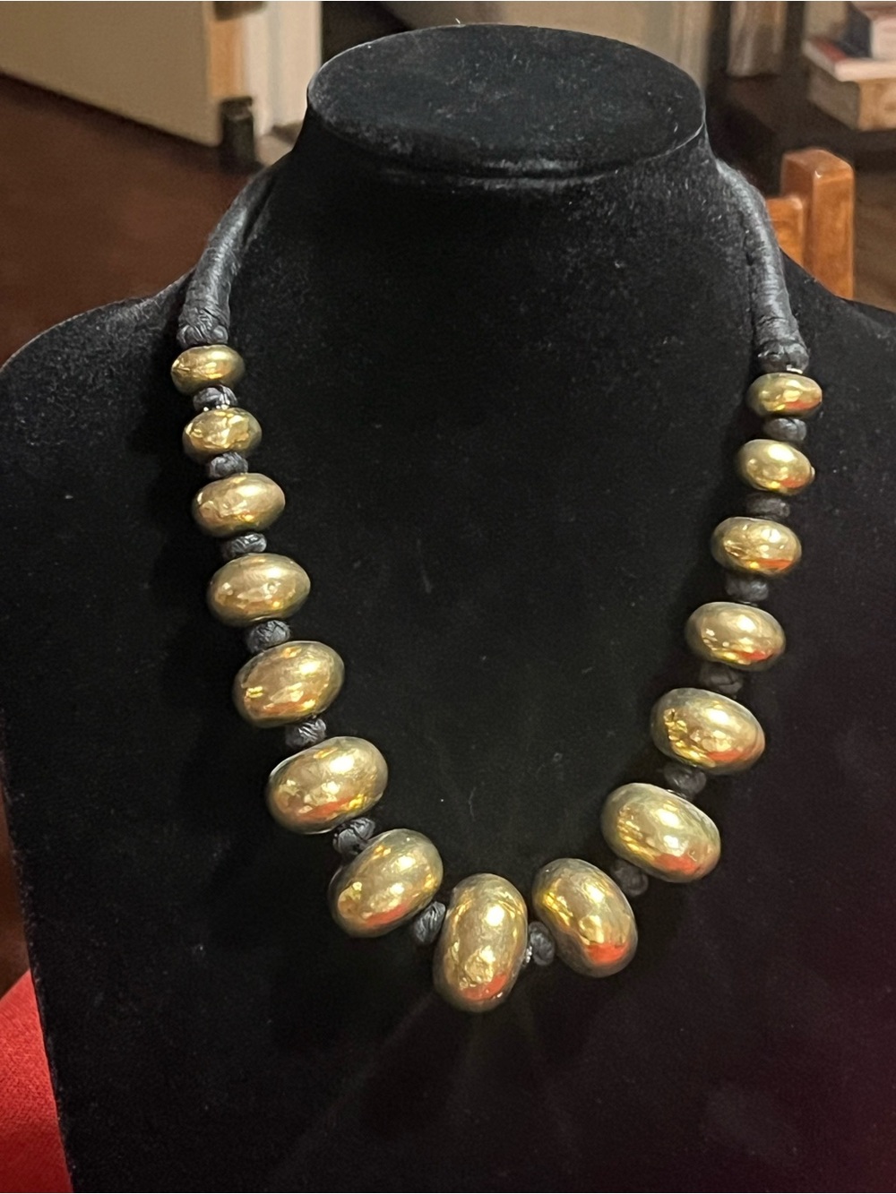 Gold Bead Necklace on Black Cord - Women Jewelry